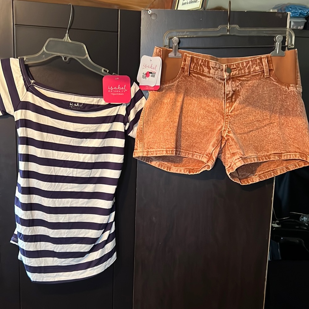 Isabel Maternity  blue/ white striped  short sleeve top & orange / tan shorts